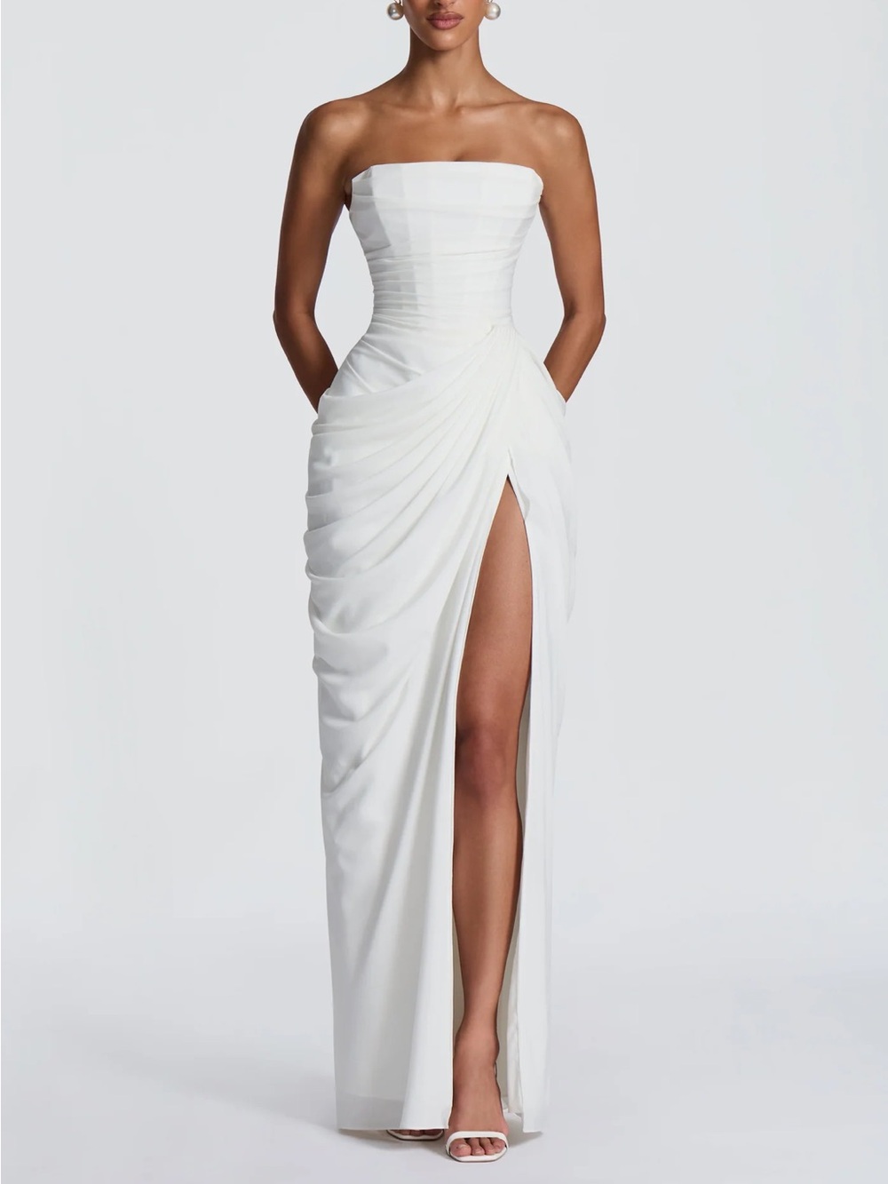 BabyBoo Strapless White Draped Evening Dress